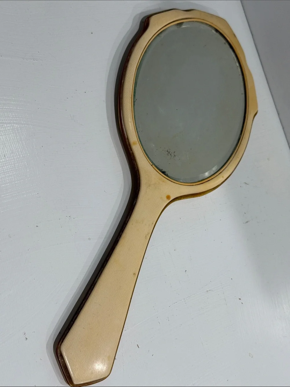 Vintage Antique Art Deco French Vanity Cream Hand Mirror with Black Accent 1920s